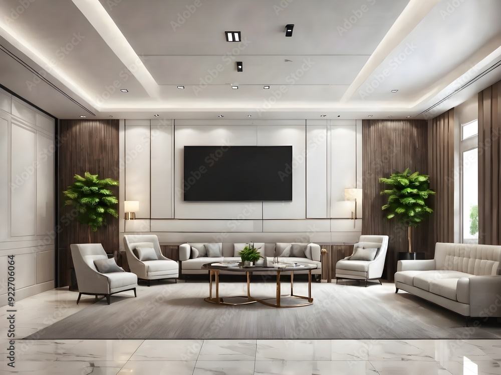 Fototapeta premium living room interior design with tv on the wall white wall white sofa and couple armchairs