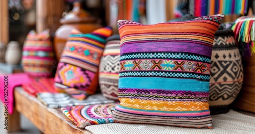 Colorful Handwoven Baskets Displayed on Wooden Shelves in Artisan Marketplace