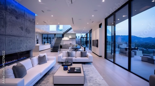 Modern Home Interior With Open Concept Design at Night Overlooking Mountain View