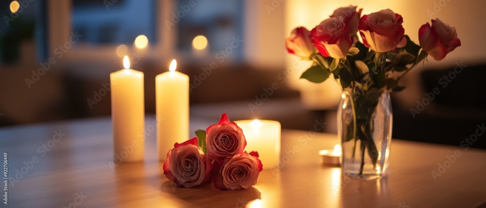 Obraz premium Three Roses and Burning Candles on a Table