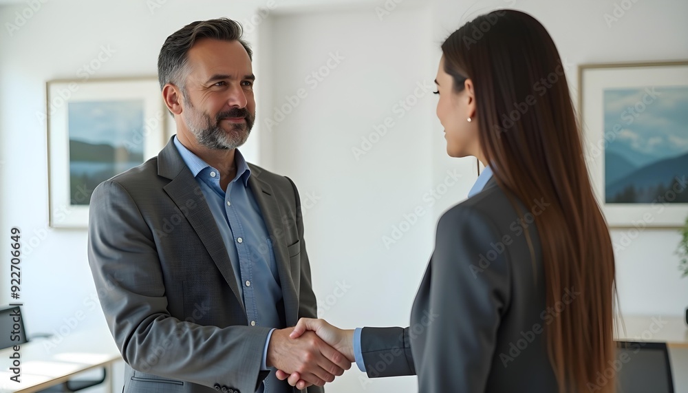 A middle-aged Caucasian man with short dark hair and a beard shaking hands with a young Caucasian woman in a business setting A middle-aged Caucasian man with short dark hair and a beard shaking hands with a young Caucasian woman in a business setting