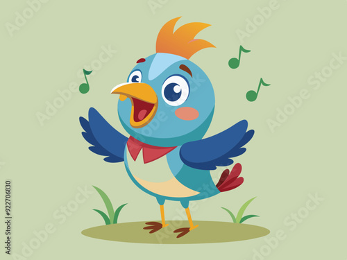 Personnage de dessin animé vectoriel dessiné à la main d’oiseau chanteur sur fond isolé. Happy Songbird pour la décoration, l’impression, la carte, le papier, le flyer, le signe, le textile, le design