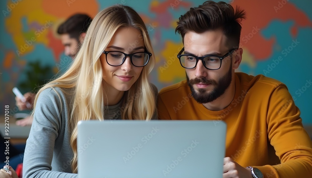A young blonde woman with glasses and a young bearded man with glasses A young blonde woman with glasses and a young bearded man with glasses