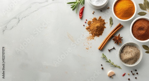 Various Spices and Herbs Arranged Neatly on a Marble Surface