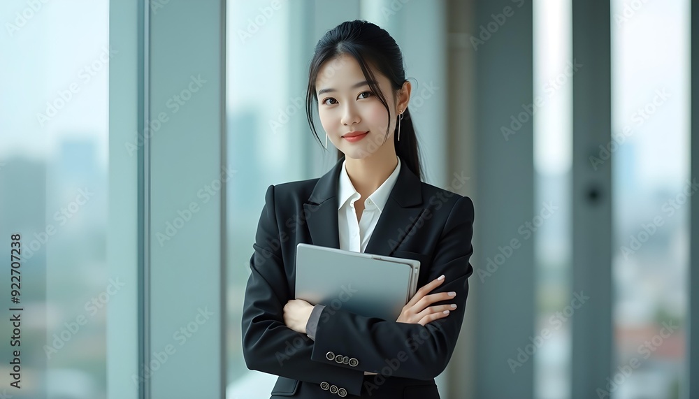 Young asian woman in black business suit standing with arms crossed, looking at camera with serious expression Young asian woman in black business suit standing with arms crossed, looking at camera with serious expression