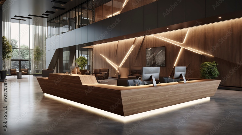 A photo of a sleek and professional office reception. A photo of a sleek and professional office reception.
