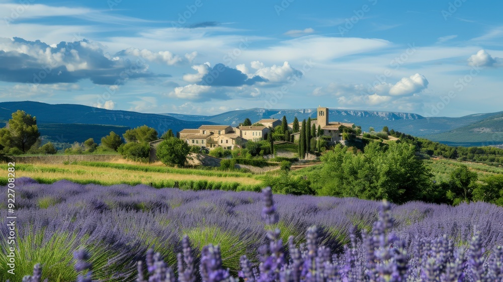 Naklejka premium A serene landscape featuring lavender fields and a charming village under a blue sky.