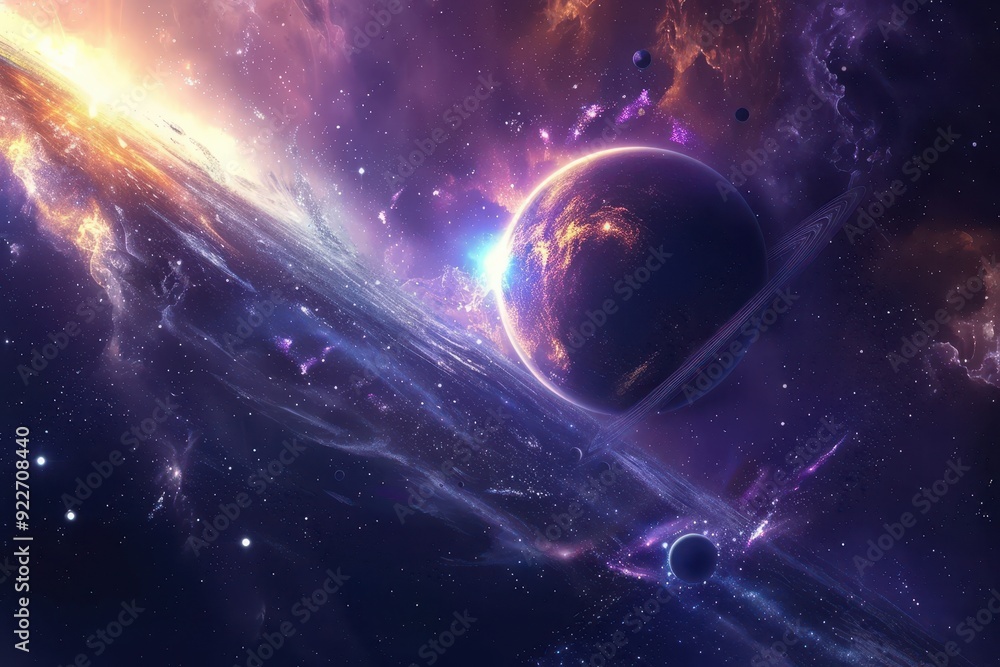 Glowing Exoplanet with Rings in a Colorful Nebula Glowing Exoplanet with Rings in a Colorful Nebula