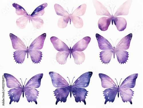 purple watercolor aquarelle butterfly set