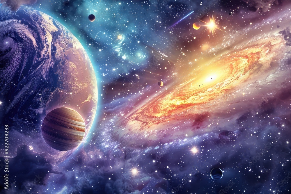 Naklejka premium Planets and stars in the vastness of space create a beautiful cosmic landscape.