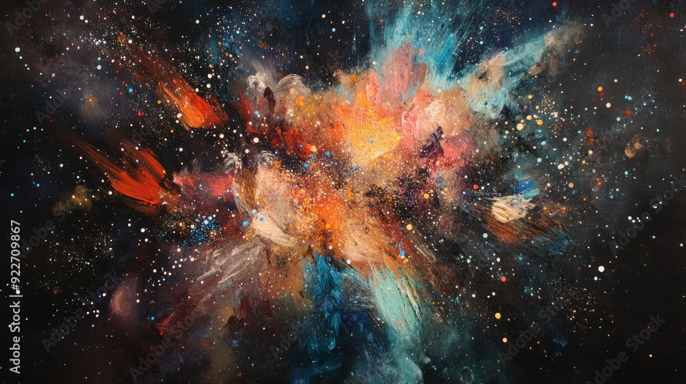 Naklejka premium Abstract Painting Depicting a Cosmic Nebula with Bright Colors and Glittering Stars