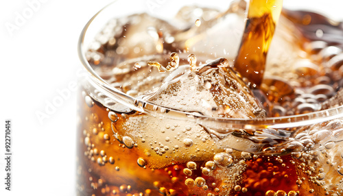 Cola is pouring into glass on white background