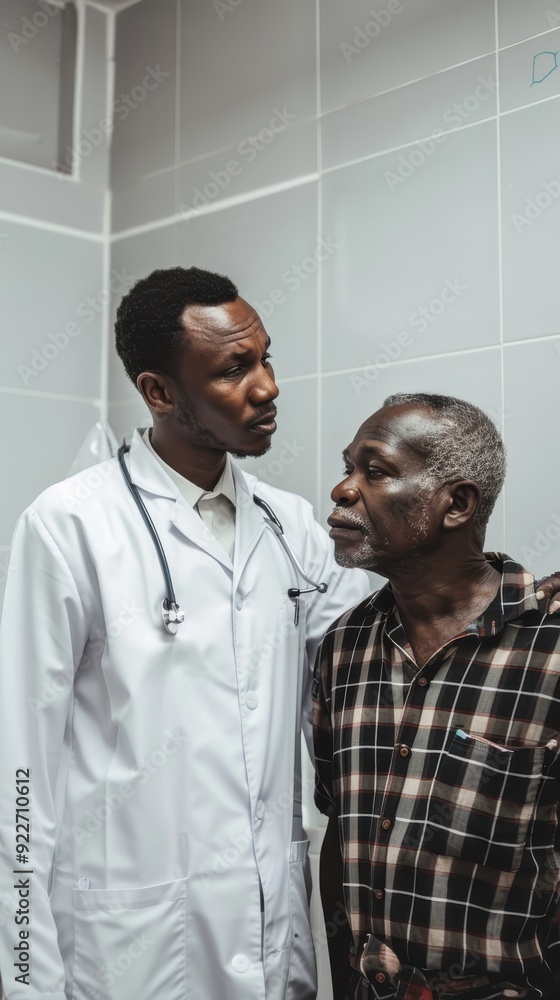 A doctor speaks thoughtfully with an elderly man in a healthcare setting A doctor speaks thoughtfully with an elderly man in a healthcare setting