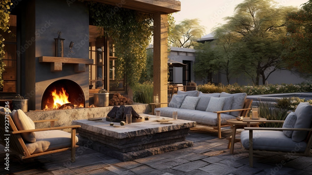 A photo of a stylish outdoor lounge area with a fireplace