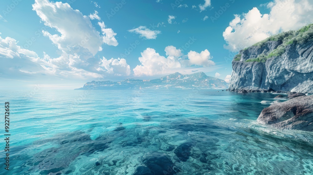 Fototapeta premium Crystal-clear blue ocean with rocky cliffs and dramatic skies