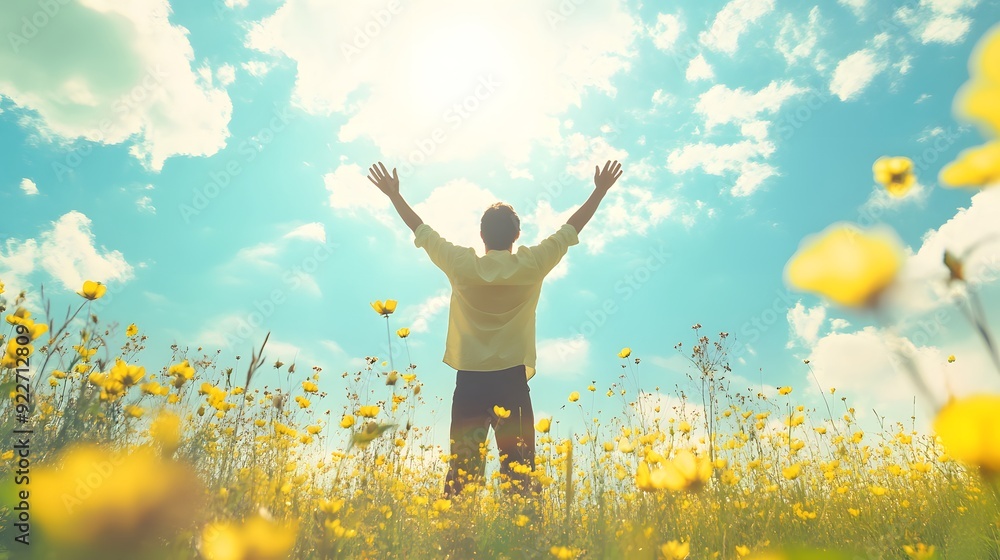 A man stands in the middle of an open field with his arms raised towards the sky