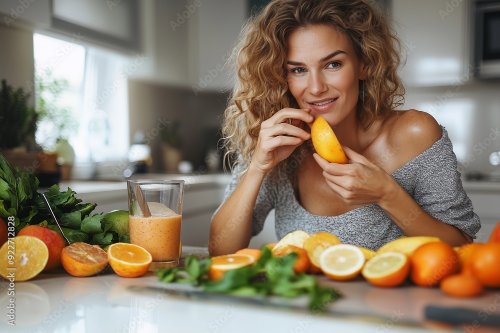 woman preparing and eating fruit before making a smoothie woman preparing and eating fruit before making a smoothie