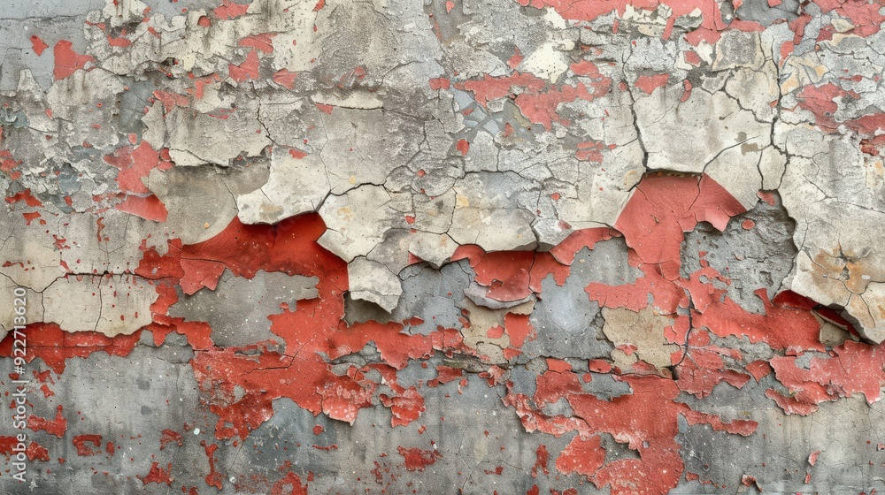 Craft a visual of a weathered cement wall with red paint flaking and cracks, including a copy space Craft a visual of a weathered cement wall with red paint flaking and cracks, including a copy space