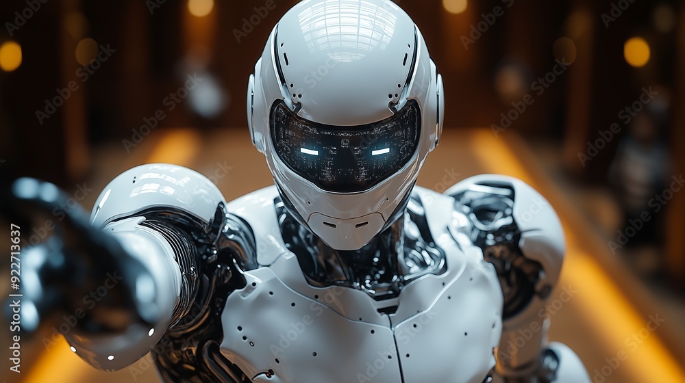 Fototapeta premium Futuristic humanoid robot pointing its finger forward in a dimly lit corridor with warm bokeh lights.