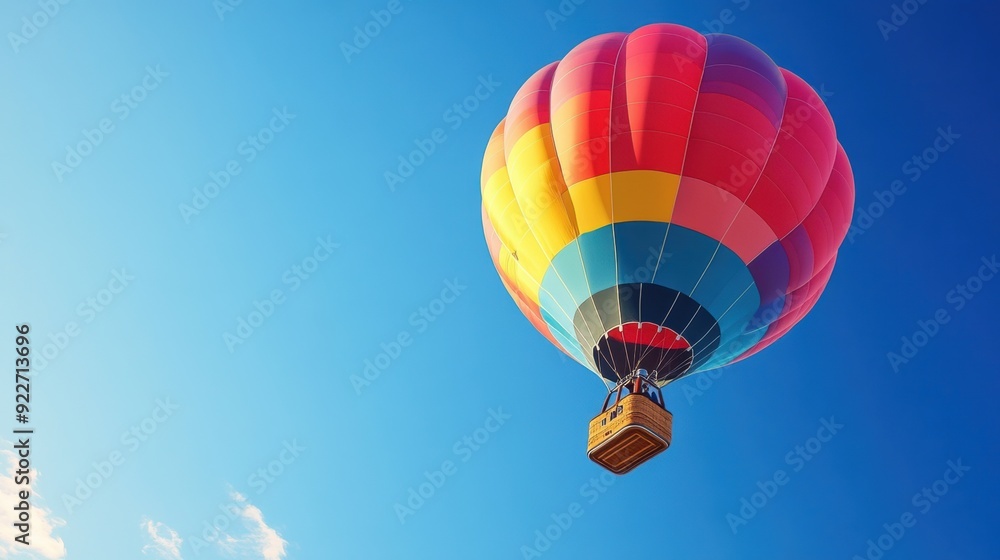 Fototapeta premium A colorful hot air balloon flying in the sky with a wooden box, AI