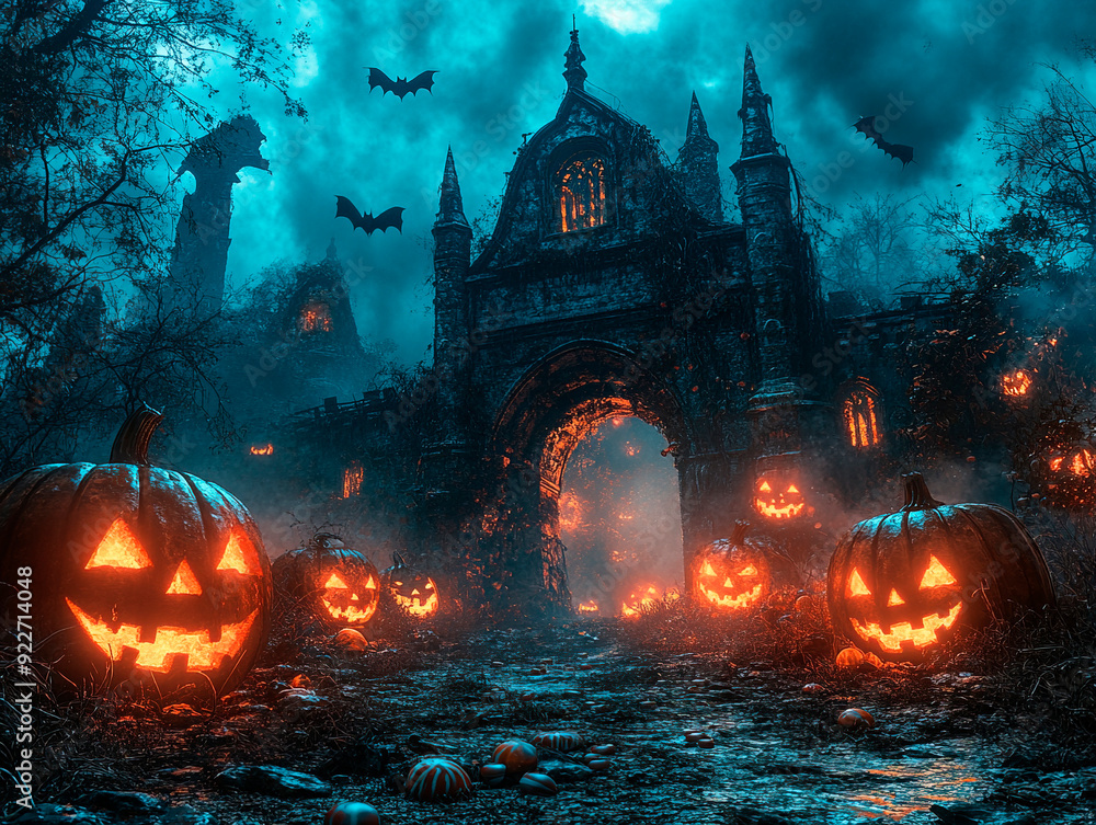 Central empty 3D podium, surrounded by Jack-o'-lanterns and bat-filled skies. Cobwebs and spiders cover the area, with candy placed among gothic architecture, all in a dark and eerie setting. Central empty 3D podium, surrounded by Jack-o'-lanterns and bat-filled skies. Cobwebs and spiders cover the area, with candy placed among gothic architecture, all in a dark and eerie setting.