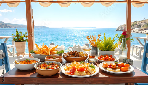 Typical Greek dishes served on a Greek tavern table with the Aegean Sea in the background and bright summer day in the south of Crete isolated with white highlights, png photo