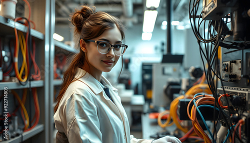 young female student in the industrial electronics laboratory isolated with white highlights, png photo