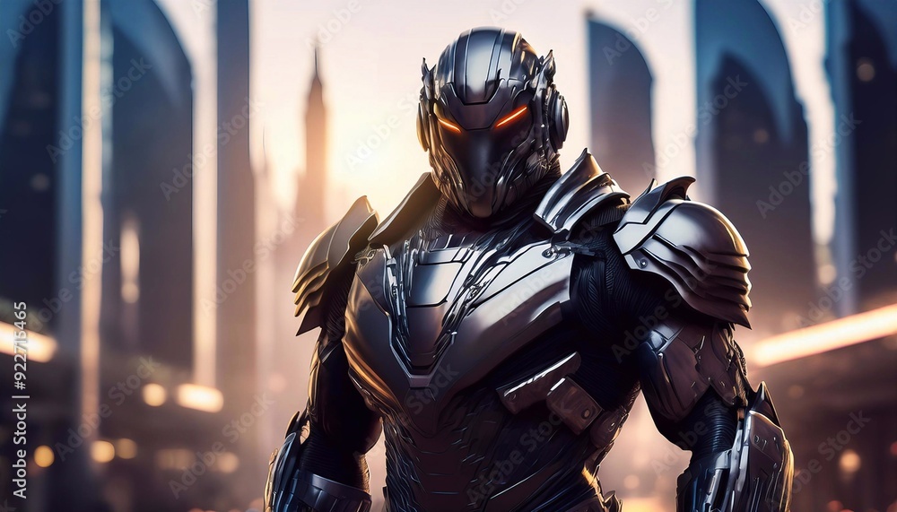Robot with shiny black battle armor in a City. Futuristic scenario with lights. Technology, future, cyberpunk, cyber, cool, amazing, original, day, strong, serious.Great quality. Picture. Photo Robot with shiny black battle armor in a City. Futuristic scenario with lights. Technology, future, cyberpunk, cyber, cool, amazing, original, day, strong, serious.Great quality. Picture. Photo