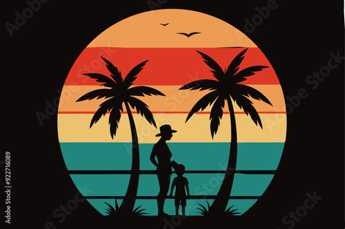 Retro vintage style sunset, palm tree, Adobe Illustrator illustration, 16k, with sunset style and mom and son silhouette, T - shirt design, T - shirt graphic, retro vintage style circle., illustration