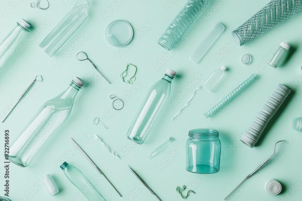 Creative collage of assorted glass and plastic bottles with metal tools on mint green background Creative collage of assorted glass and plastic bottles with metal tools on mint green background