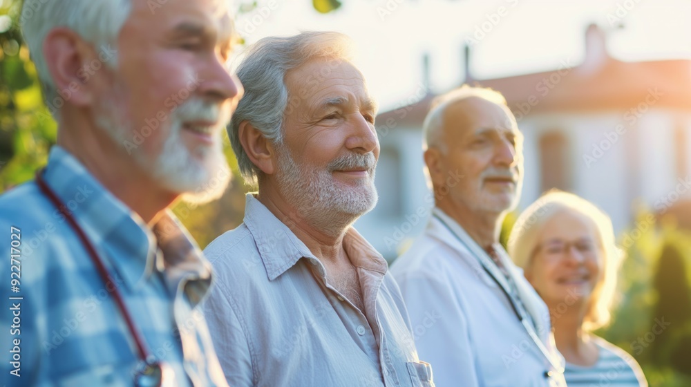 Group senior male doctors nurses smiling standing row warm sunlight healthcare professionals Group senior male doctors nurses smiling standing row warm sunlight healthcare professionals