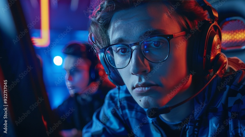 Close-up of professional gamers focused on their screens, showcasing high-end equipment and competitive environment Close-up of professional gamers focused on their screens, showcasing high-end equipment and competitive environment