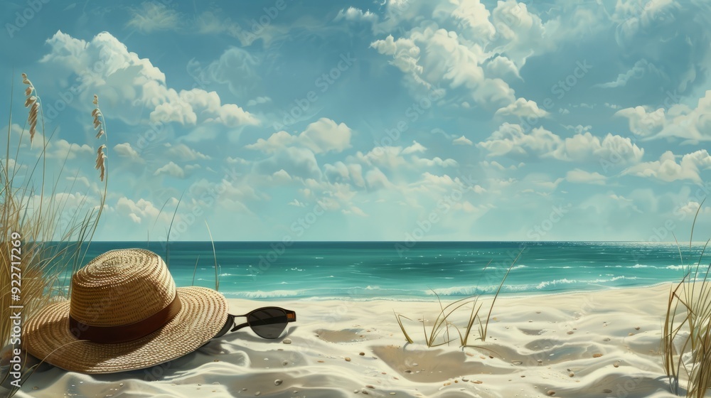 A peaceful beach scene, featuring a sun hat, sunglasses A peaceful beach scene, featuring a sun hat, sunglasses