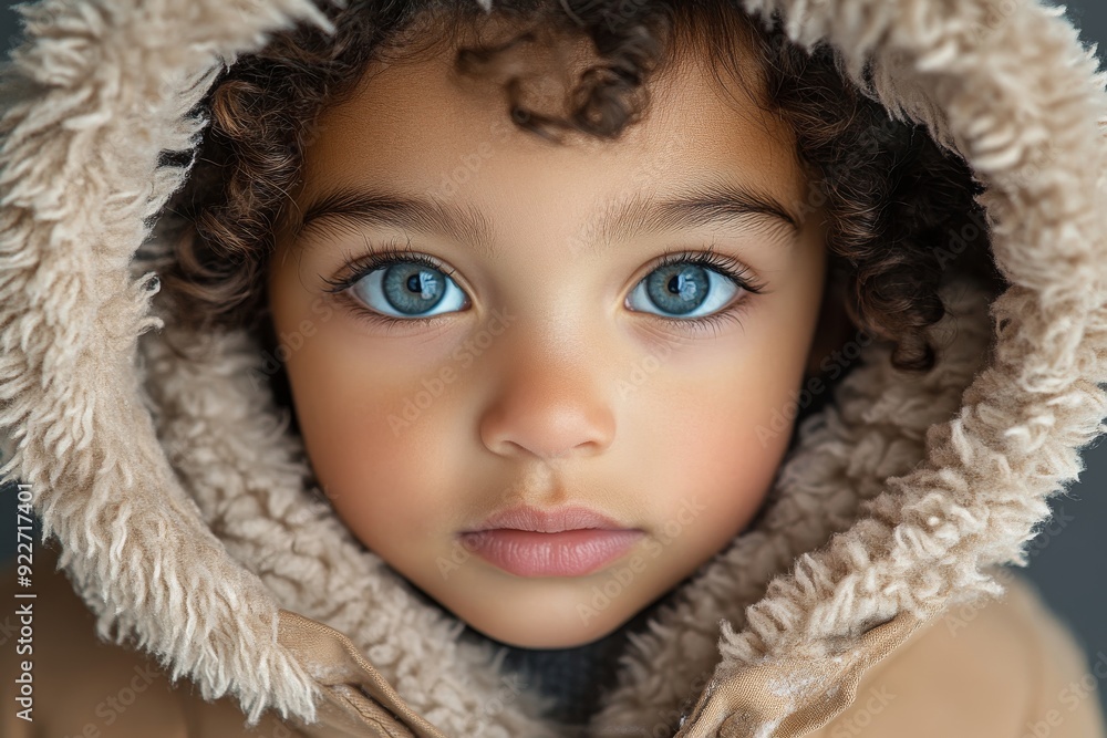 Adorable child wearing a winter coat with a hood, with a wide-eyed expression Adorable child wearing a winter coat with a hood, with a wide-eyed expression