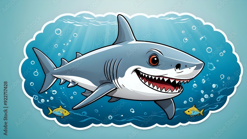 Cartoon illustration of a shark smiling underwater, with smaller fish swimming below. Cartoon illustration of a shark smiling underwater, with smaller fish swimming below.