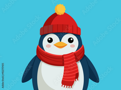 Emporer Penguin Wearing a Red Knit Hat and Winter Scarf, Playful Wildlife Portrait, Captivating Nature Photography.