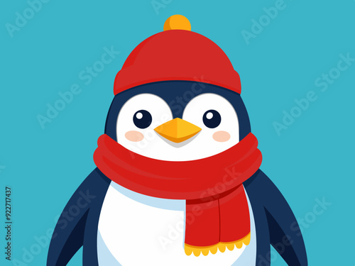 Empereur Penguin Wearing a Cozy Red Knit Hat and Winter Scarf, Charming Arctic Scene, Realistic Illustration.