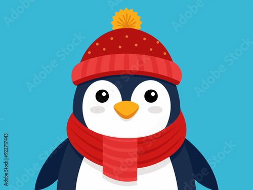 Manchot empereur avec bonnet en tricot rouge et écharpe d'hiver
