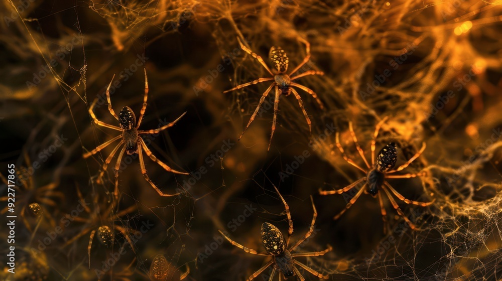 Close-up of multiple spiders within their intricate web at night