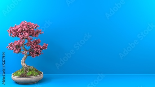 Small bonsai sakura tree with beautiful pink flowers on bright blue background