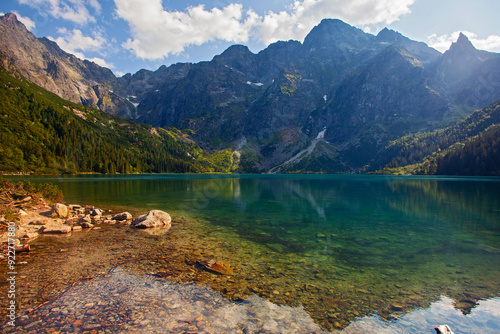 Fototapeta Naklejka Na Ścianę i Meble -  Amazing Morskie oko lake with reflections in Tatra mountains, Poland