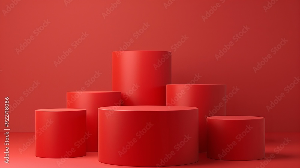 Four red cylindrical podiums on a red background. Minimalist design for product display or presentation. Four red cylindrical podiums on a red background. Minimalist design for product display or presentation.
