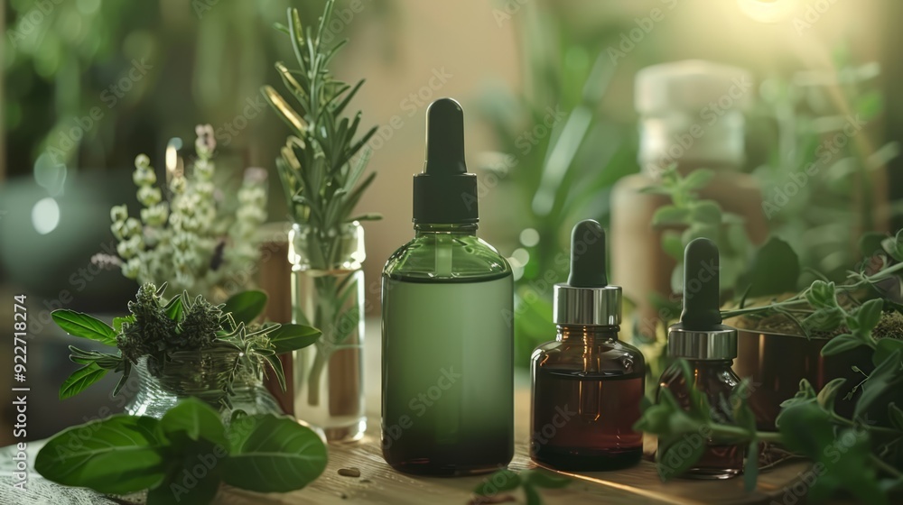 Natural skincare products displayed with fresh herbs and essential oils, highlighting their organic and soothing qualities Natural skincare products displayed with fresh herbs and essential oils, highlighting their organic and soothing qualities