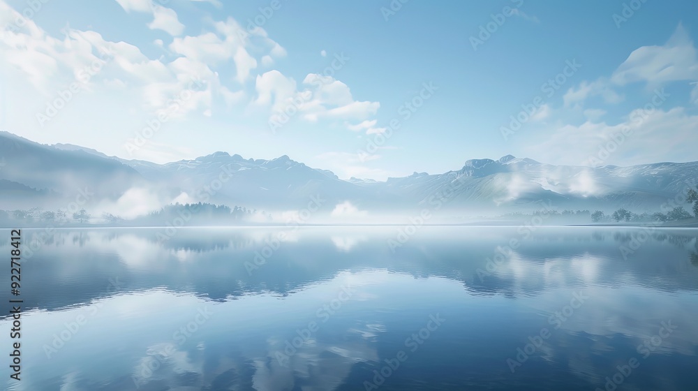 Fototapeta premium Morning fog rolling over a serene lake, with steam gently drifting above the still water
