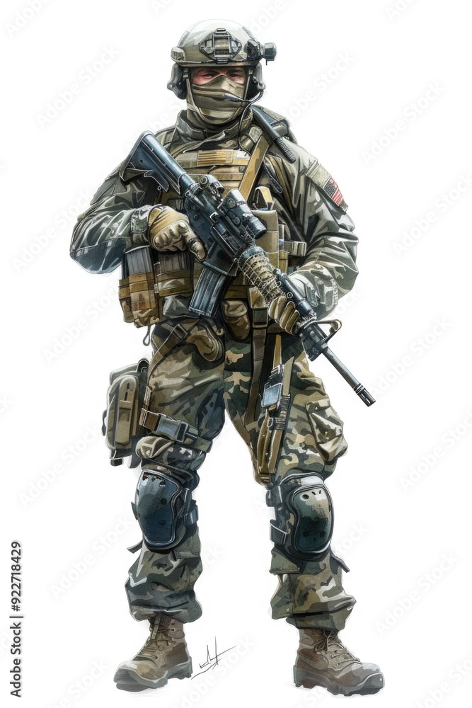 A soldier dressed in uniform with a rifle and helmet, ready for action A soldier dressed in uniform with a rifle and helmet, ready for action