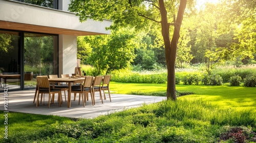 Real photo of a modern house's bright green garden with a table and wooden chairs