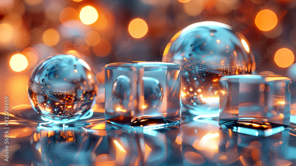 Transparent glass shapes illuminated by warm lights and reflections at night Transparent glass shapes illuminated by warm lights and reflections at night