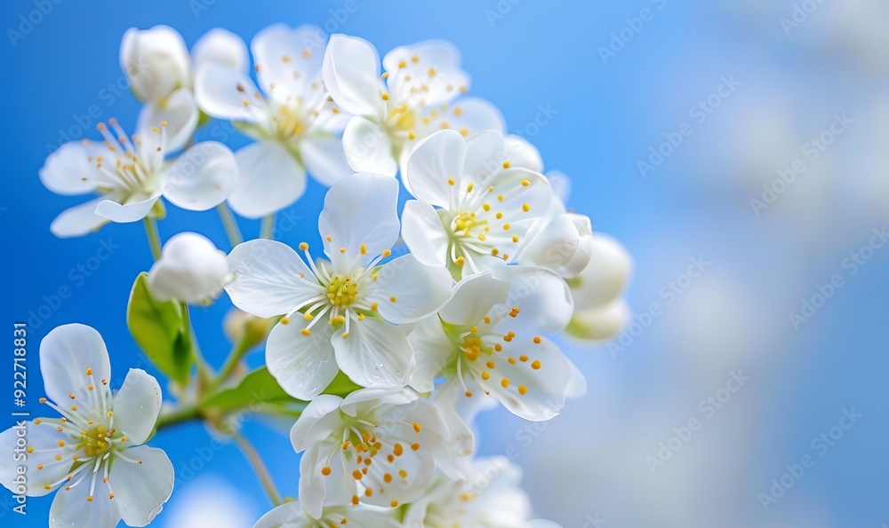 White flowers close-up against blue background sky White flowers close-up against blue background sky