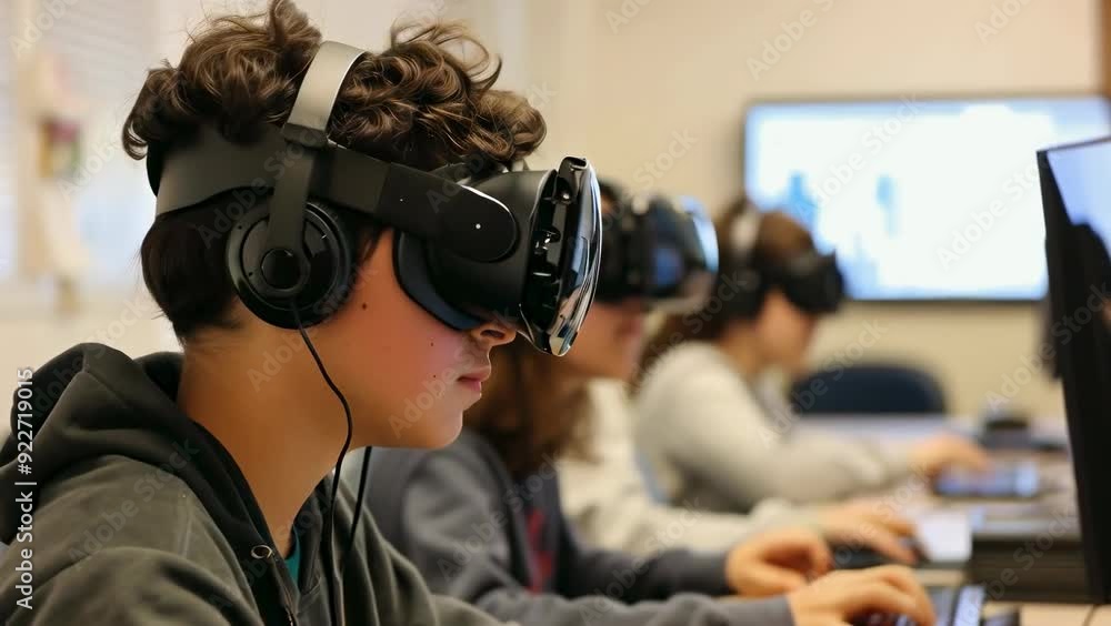 A group of teenagers, primarily male, with diverse backgrounds, are engaging with virtual reality headsets while seated at computers. It's daytime in a classroom setting, with focused expressions and A group of teenagers, primarily male, with diverse backgrounds, are engaging with virtual reality headsets while seated at computers. It's daytime in a classroom setting, with focused expressions and