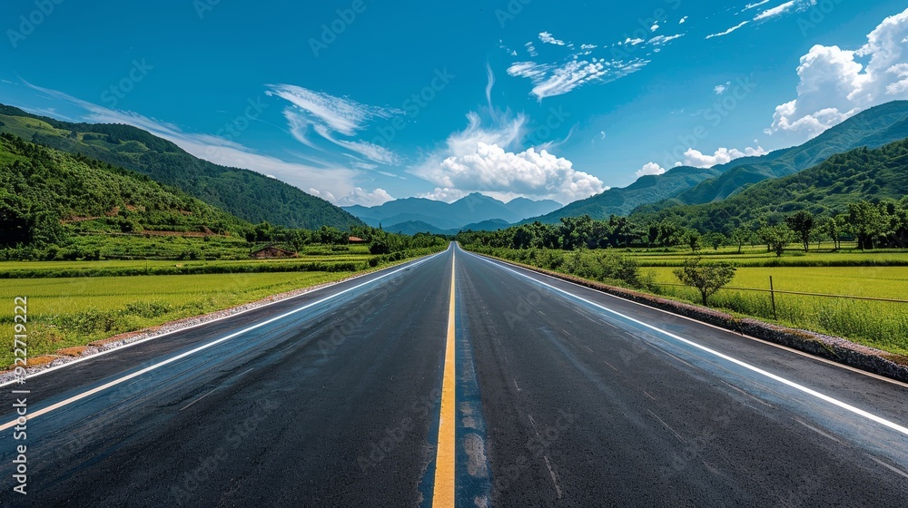 Fototapeta premium Serene Countryside Highway: Well-Maintained Road under a Clear Midday Sky